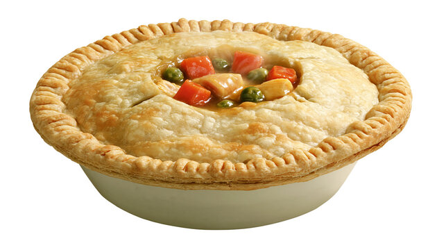 Golden baked chicken pot pie with carrots and peas in a ceramic bowl