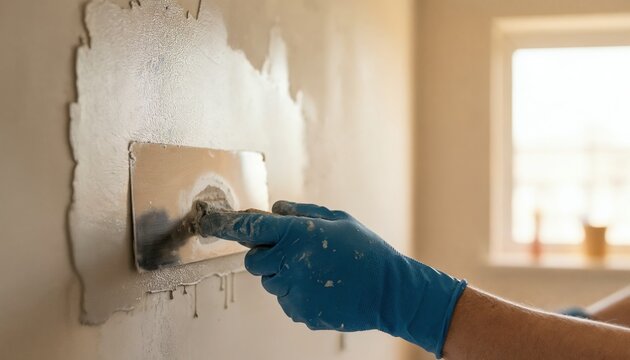 Worker applying joint compound to drywall with putty knife
