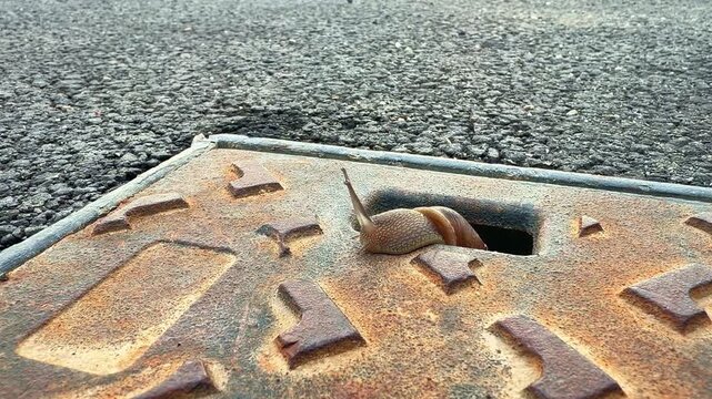 Close-up view of garden snail crawling out of rusted metal manhole cover on asphalt ground