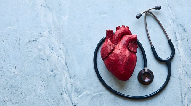 Anatomical Human Heart Model with Stethoscope on Light Blue Textured Background