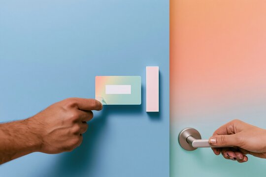 Hand scanning a blank access card at a glowing reader by a glass door with a smooth metal handle, for office security and employee access