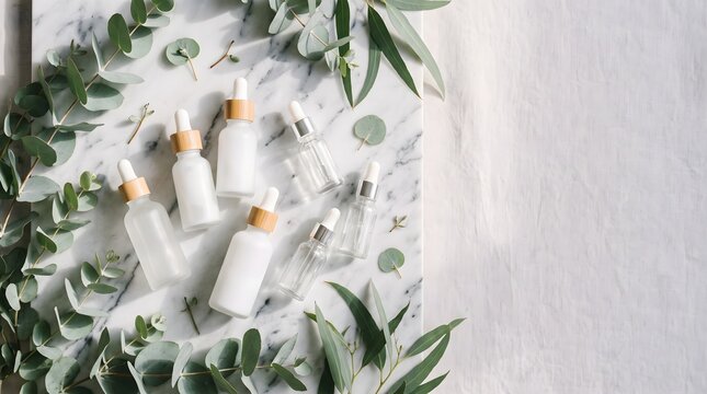 Natural Cosmetic Serum Dropper Bottles Arranged Among Eucalyptus Leaves on Marble