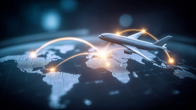 A passenger airplane flying above a connected world map represents global air travel international routes and worldwide transportation networks.
