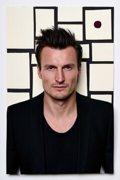 Contemporary Portrait of a Man in Black Blazer with Geometric Abstract Background