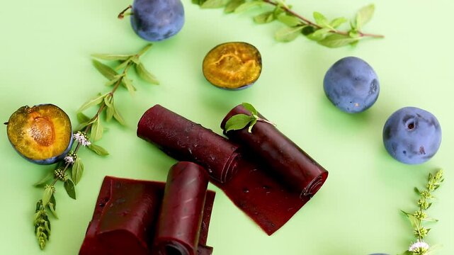 Sweet plum fruit leather rolls with sliced plums on green background