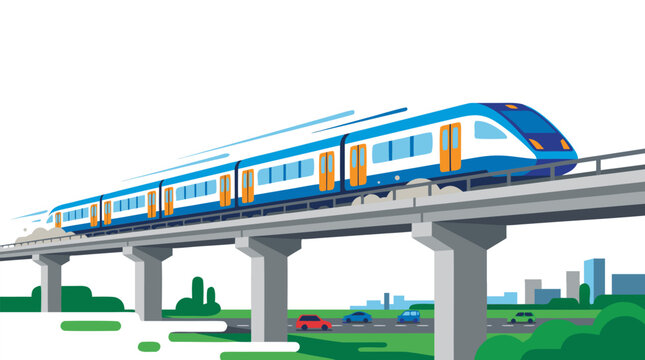 High Speed Passenger Train Speeding Along Elevated Rail Track, Modern Blue Bullet Train on Concrete Viaduct with City Skyline, Flat Color Vector Illustration - detailed commercial stock imagery with