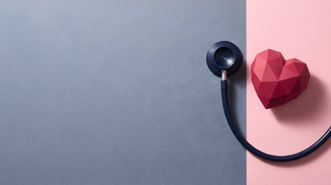 Stethoscope and Red Low Poly Geometric Heart on Split Grey and Pink Background