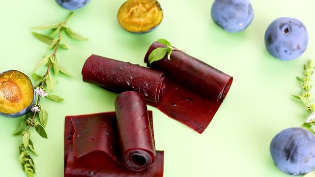 Natural plum fruit leather arranged with fresh plums and mint leaves