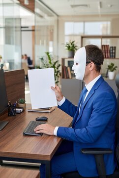 Masked Businessman Holding Blank Paper at Office Desk
