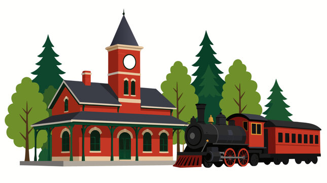 Red brick vintage train station building with clock tower and black steam locomotive surrounded by tall green pine trees, bold flat colors vector illustration, classic railway architecture