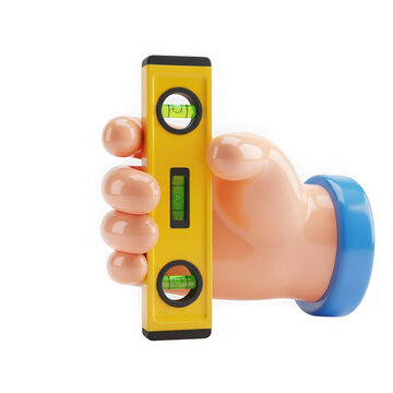 3d illustration of a cartoon hand holding a yellow spirit level tool isolated on transparent background
