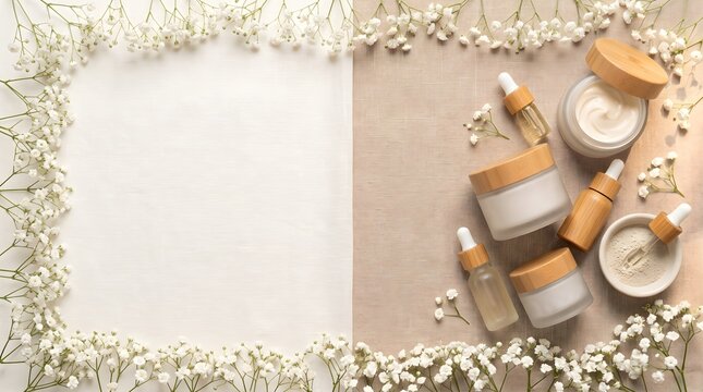 Blank Paper Notebook Framed with Baby Breath Flowers and Organic Skincare Jars
