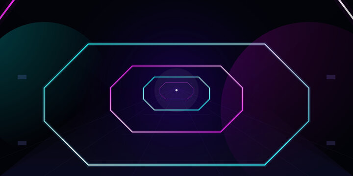 Abstract neon geometric tunnel with glowing frames on dark background on transparent background