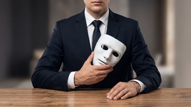 Man in Formal Suit Holding White Mask at Wooden Desk