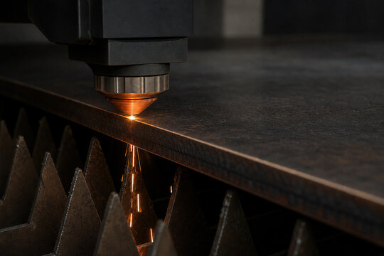 Industrial laser cutting machine processing steel plate. Automated metalwork tool creating spark during manufacture. Precision engineering in modern factory for heavy metal fabrication.