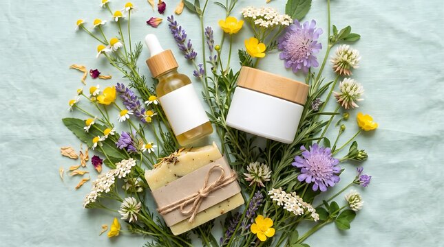 Natural Organic Skincare Products and Soap Surrounded by Wildflowers on Blue Fabric