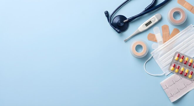 Comprehensive Medical Supplies Flat Lay with Stethoscope Mask and Bandages on Blue