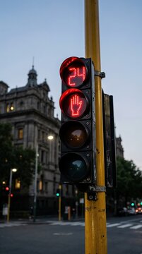 Red traffic light with countdown timer on urban street