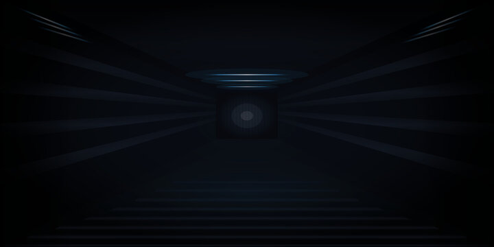 Abstract dark tunnel with glowing blue light circles on transparent background