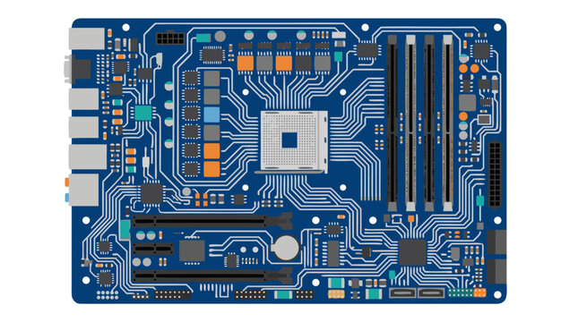 Blue Computer Motherboard Circuit Board with Silver Microchips and Electronic Components Flat Vector Illustration on White Background - professional high resolution detailed commercial stock imagery