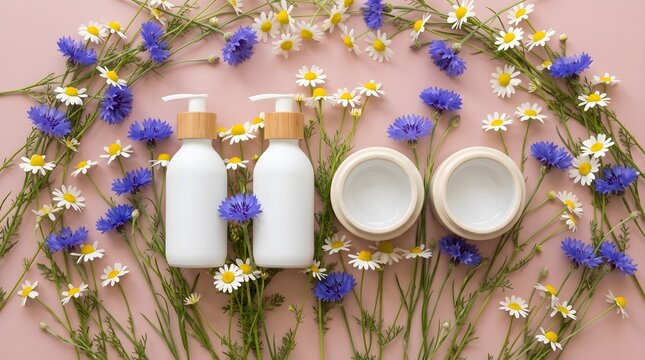 Circular Wreath of Chamomile and Cornflowers Framing Skincare Bottles and Jars