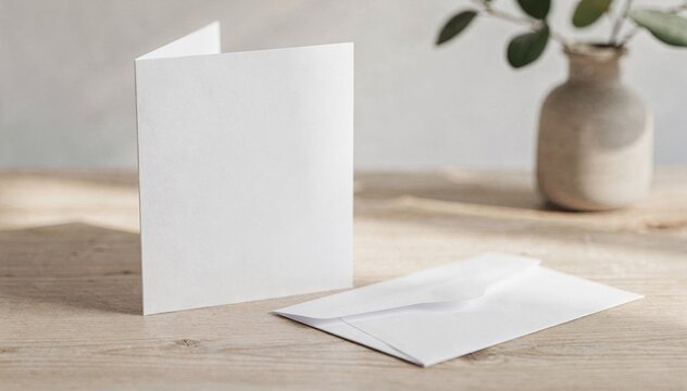 Blank greeting card with envelope on wooden desk