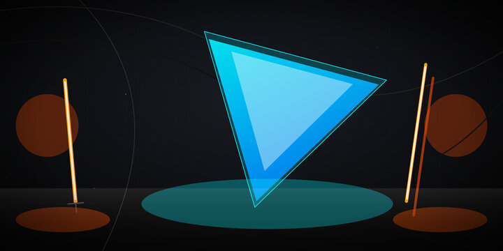 Blue glowing triangle floating above a dark circular platform on transparent background