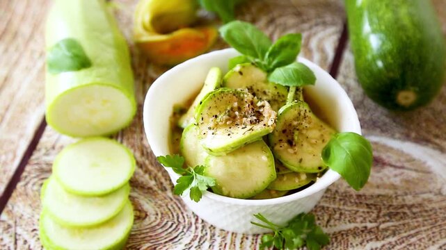 Marinated zucchini with fresh herbs on natural wooden background