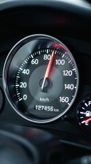 Fototapeta premium Car speedometer showing speed and mileage in vehicle dashboard