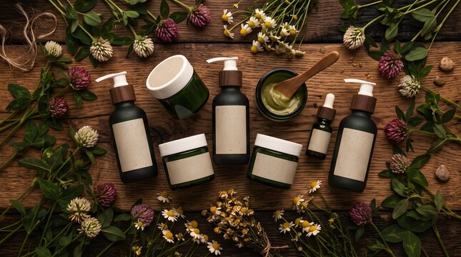 Organic Skincare Cosmetic Bottles and Jars Arranged on Wooden Surface with Leaves