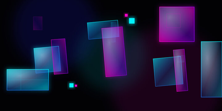 Neon glowing geometric rectangles and squares on dark background on transparent background