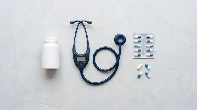 Stethoscope White Medicine Bottle and Pill Blister Packs on White Background