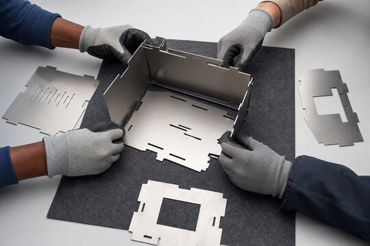 Hands assembling laser cut metal components into industrial box structure. Workers wearing gloves building custom steel product. Engineering assembly, precision manufacturing concept.