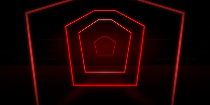 Red neon pentagon tunnel shapes glowing on a black background on transparent background