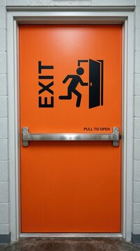 Emergency exit door with safety signage and pull handle