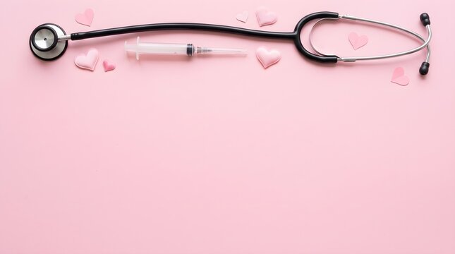 Stethoscope Syringe and Pink Hearts Top Border Frame on Pink Background