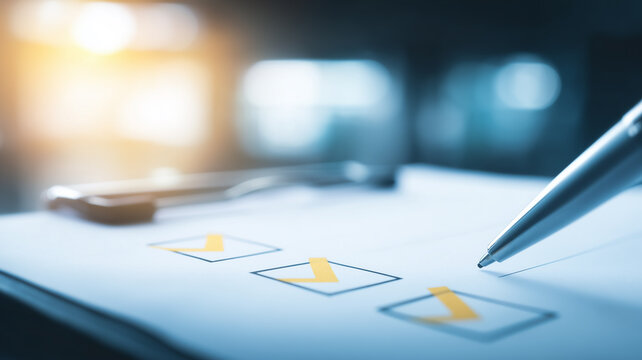 Pen beside completed checkboxes on a document represents audit review and structured compliance verification.

