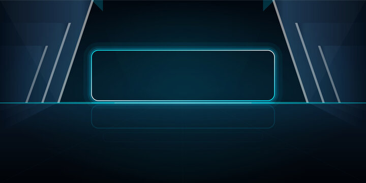 Glowing neon frame on a dark futuristic stage background on transparent background
