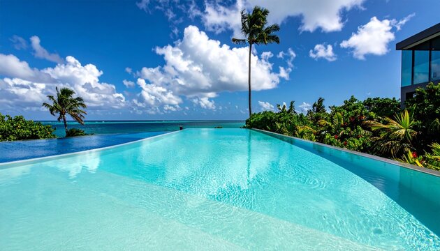 High-resolution tropical beach photography showcasing infinity pool overlooking serene ocean landscape for luxury travel marketing and vacation getaway inspiration