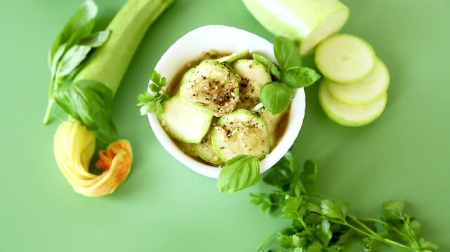 Marinated zucchini appetizer with fresh herbs on green background