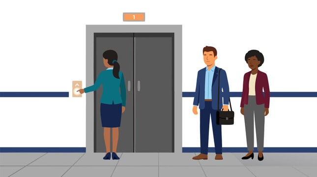 Professional businesspeople standing beside closed elevator doors in modern office building lobby, diverse corporate team waiting, one person pressing up button, vector illustration