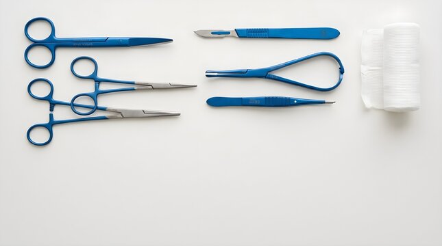 Surgical Instruments Scalpels Scissors Forceps and Bandage Roll on White Background