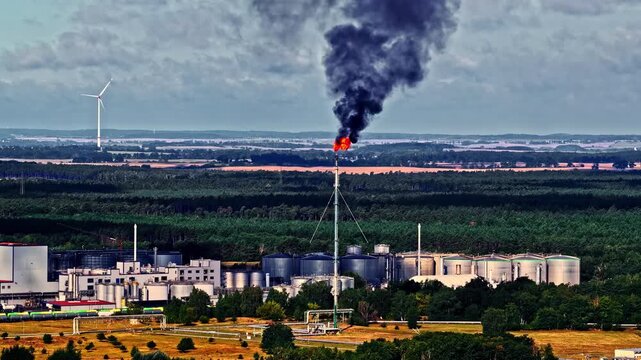 Red orange refinery flare burns above industrial tanks and forest in Schwedt, Germany, aerial overview contrasting against wind turbine