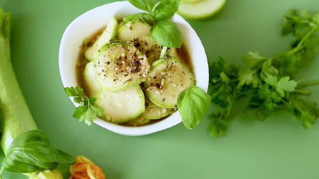 Marinated zucchini with garlic herbs and seasoning on green background