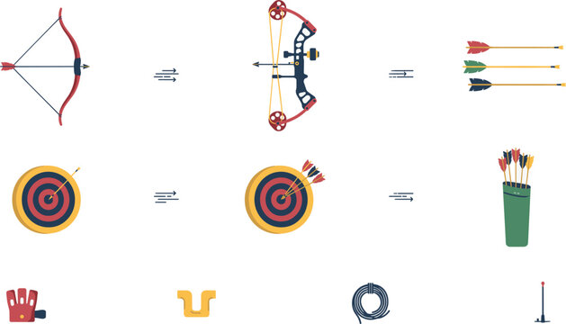 PrintArchery Sport Equipment Vector Set with Recurve and Compound Bows Arrows Targets Quiver and Shooting Accessories for Hunting and Aiming Design