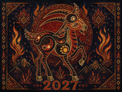 Ornate folk art style zodiac goat illustration with fiery patterns for 2027 year symbolic 