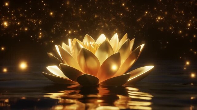 Golden lotus flower floating and rotating slowly on water for spiritual background