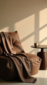 Minimalist Hygge Interior Mockup with Brown Lounge Chair Blanket and Coffee Cup on Warm Background