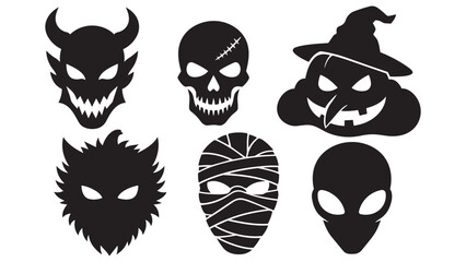 Fototapeta premium Six black Halloween-themed silhouette masks with devil, skull, and witch designs