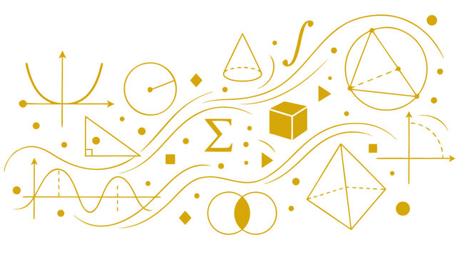 Golden Mathematical Equations and Geometric Diagrams Vector Illustration, Flowing Abstract Composition with Parabola Sigma Summation Cone Cube Tetrahedron Triangle on White Background